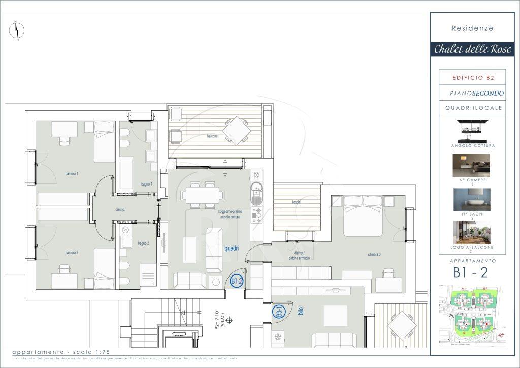 Planimetria del quadrilocale B1.2 al secondo piano con loggia, Chalet delle Rose Sasso Marconi
