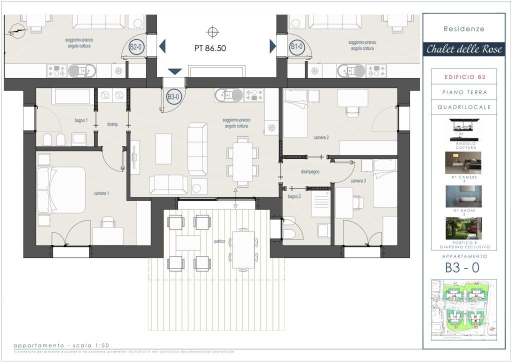Planimetria del quadrilocale B3.0 con giardino privato, Chalet delle Rose, Pontecchio Marconi