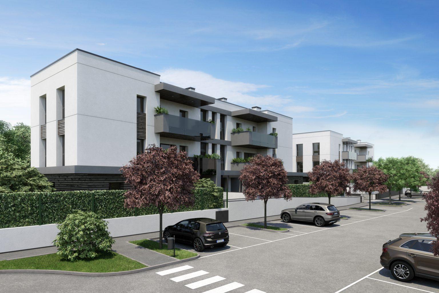 Residenze Chalet delle Rose viste dal viale alberato, nuove costruzioni in classe A4 a Pontecchio Marconi, Sasso Marconi