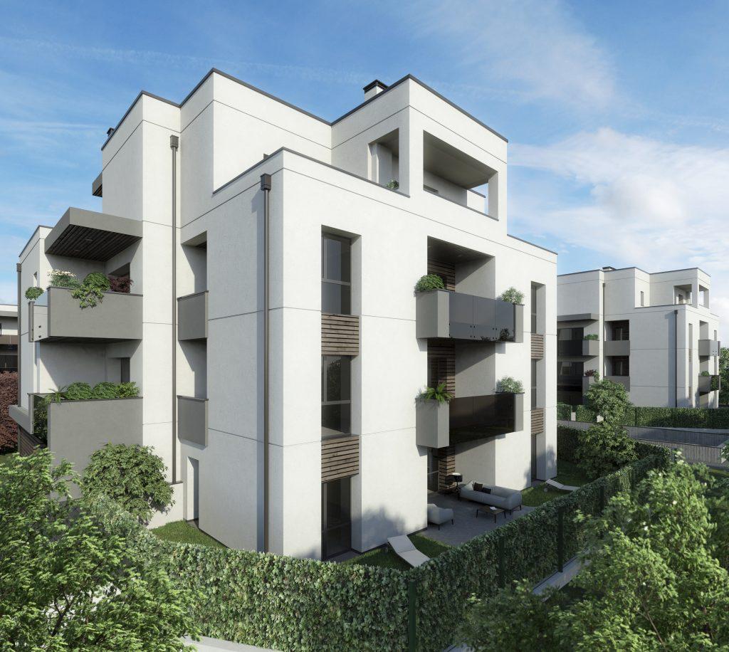 Facciata con logge abitabili e parapetti in vetro, nuove costruzioni in classe A4 a Pontecchio Marconi