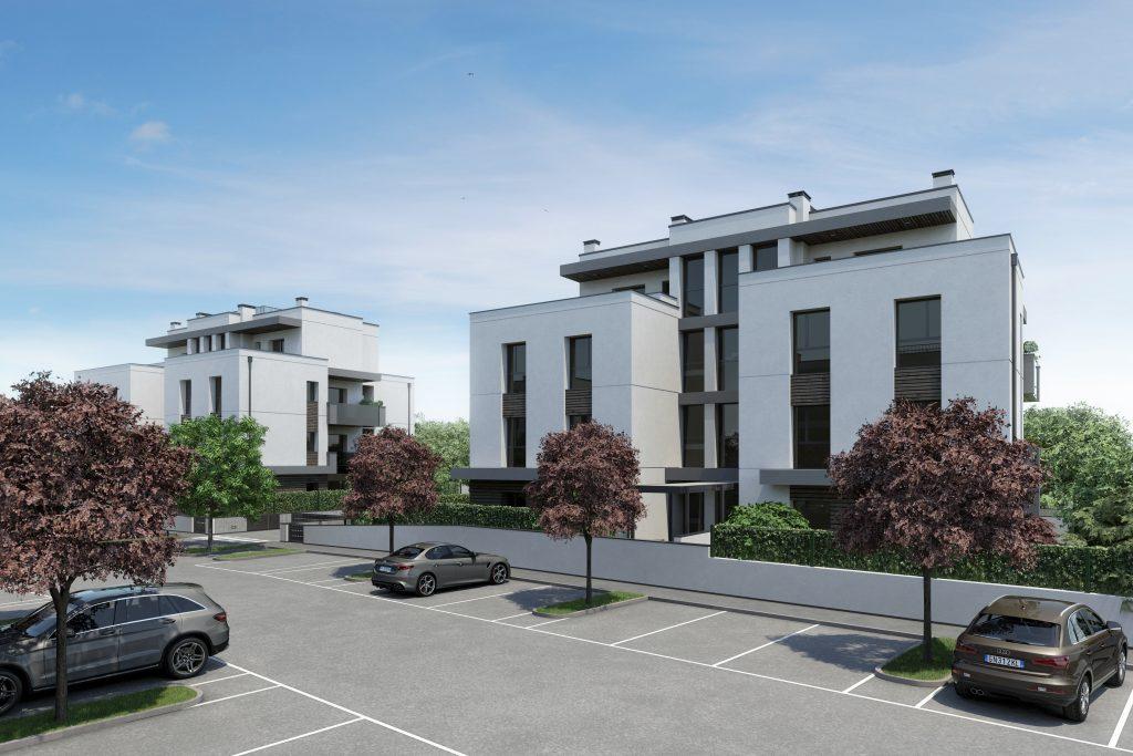 Viale interno con posti auto esterni e alberature, complesso residenziale Chalet delle Rose