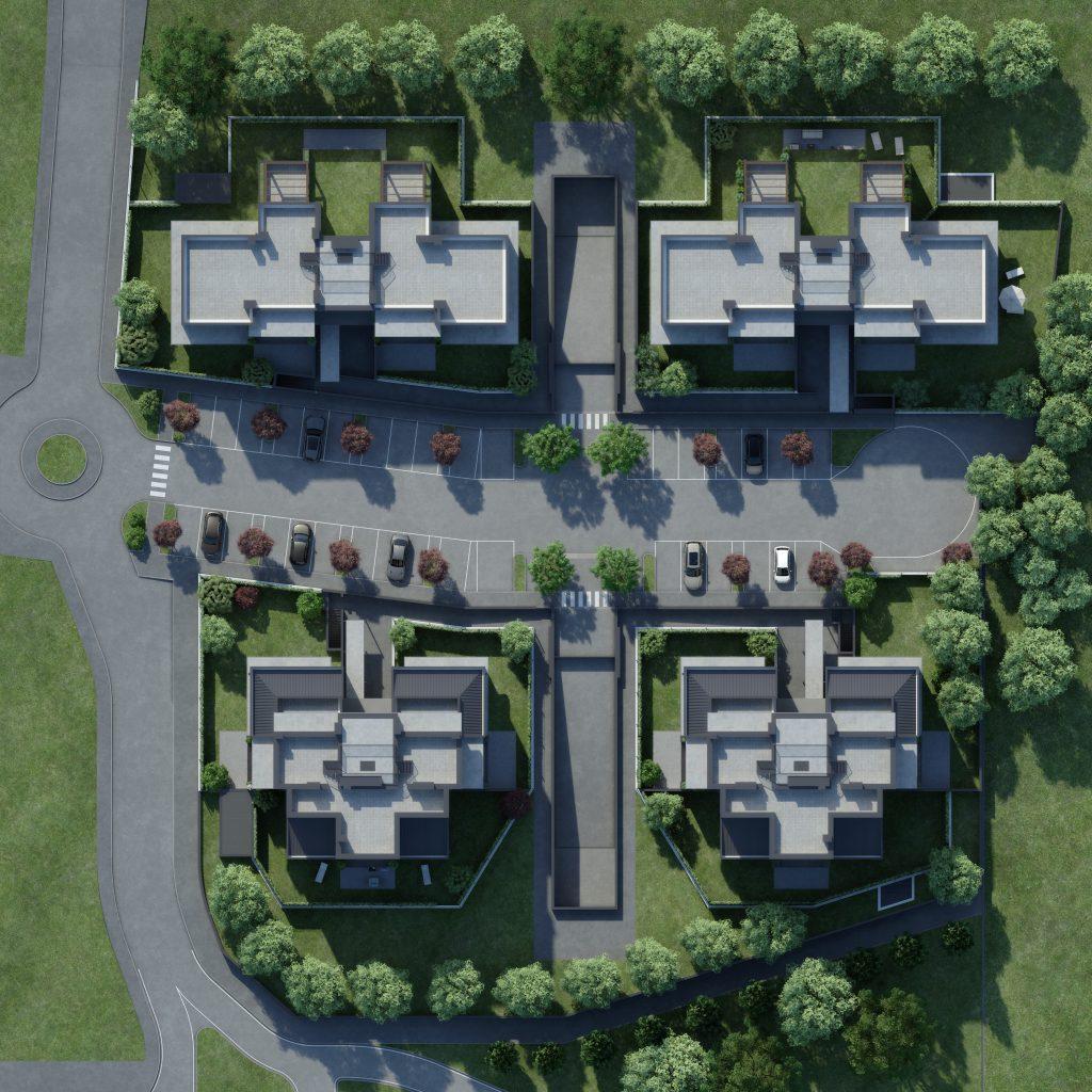 Vista zenitale delle palazzine A1, A2, B1 e B2 di Chalet delle Rose con giardini e aree verdi